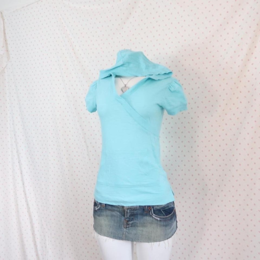 Old Navy Blue Wrap Hoodie Top Y2K Short Sleeve - Picture 2 of 5
